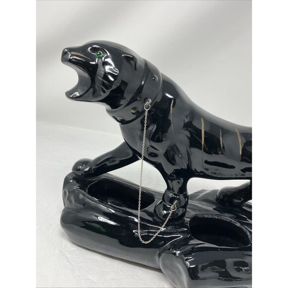 50s Mid Century Ceramic Black Panther Planter with Green Rhinestone Eyes & Chain - Picture 16 of 16